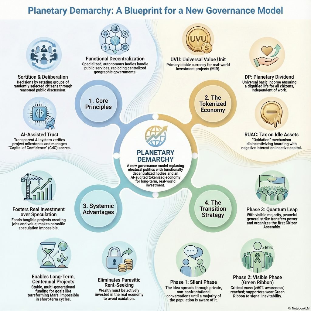 Infographic for “Demarquía Planetaria” showing its philosophical foundations (co‑ownership, sortition, AI, fairness), institutional architecture (citizens' assembly, professional managers, auditors), tokenized economy (UVU, DP, AU50, RUAC), systemic advantages and transition process. Clear, didactic, modern style with icons, arrows, soft colours (blue, green, gold) and a central mind‑map / flow‑chart composition.