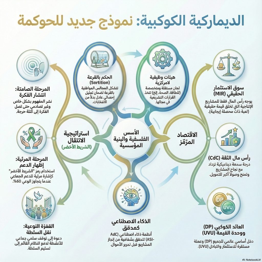 إنفوجراف عن «الديماركية الكوكبية» يوضّح أسسها الفلسفية (الملكية المشتركة، القرعة، الذكاء الاصطناعي، العدالة)، وهيكلها المؤسسي (جمعية المواطنين، المدراء المهنيون، المدققون)، والاقتصاد المرمّز (UVU، DP، AU50، RUAC)، والمزايا النظامية وعملية الانتقال. أسلوب حديث تعليمي بأيقونات وأسهم وألوان هادئة (أزرق، أخضر، ذهبي) وتكوين على شكل خريطة ذهنية / مخطط انسيابي.