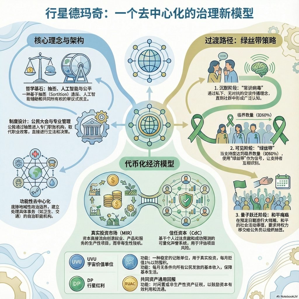 “行星民众治理”信息图，展示其哲学基础（共有、抽签、AI、正义）、制度架构（公民大会、职业管理人、审计员）、代币化经济（UVU、DP、AU50、RUAC）、系统优势及过渡进程。风格清晰、教学化且现代，带有图标、箭头，色调柔和（蓝、绿、金），呈思维导图/流程图布局。