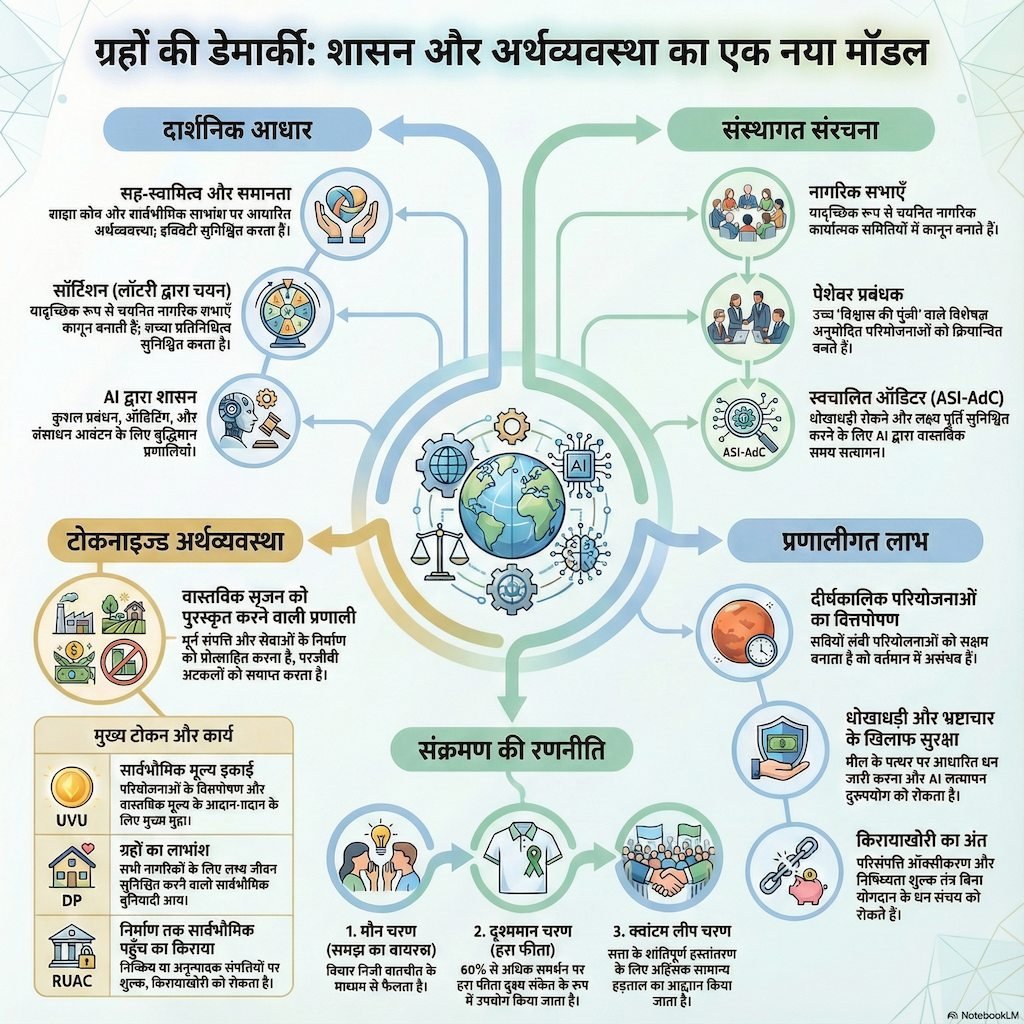 «ग्रहीय डेमार्खी» (Planetary Demarchy) की इन्फ़ोग्राफ़ी, जो इसके दार्शनिक आधार (साझी सम्पत्ति, चिट्ठी द्वारा चयन, कृत्रिम बुद्धिमत्ता, न्याय), संस्थागत संरचना (नागरिक सभा, पेशेवर प्रबंधक, लेखा परीक्षक), टोकन आधारित अर्थव्यवस्था (UVU, DP, AU50, RUAC), प्रणालीगत लाभ और संक्रमण‑प्रक्रिया को दिखाती है। आधुनिक, शैक्षिक शैली, आइकॉन, तीर, हल्के रंग (नीला, हरा, सुनहरा) और माइंड‑मैप / फ्लो‑चार्ट जैसी रचना।